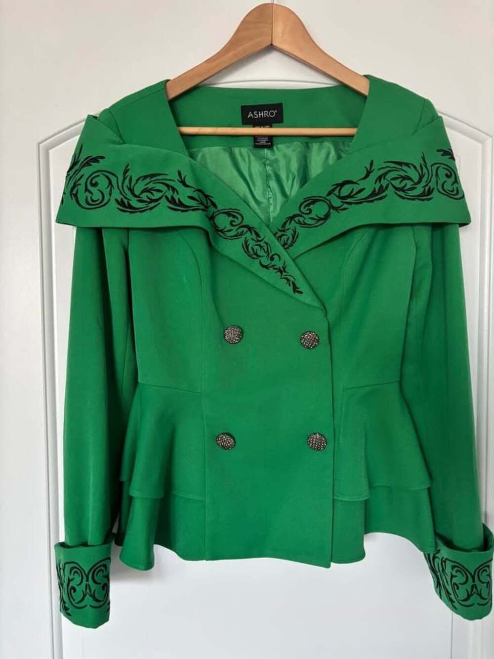 Ashro Green Double-Breasted Ruffled Peplum Blazer Jacket Embroidered Size 6 Flaw